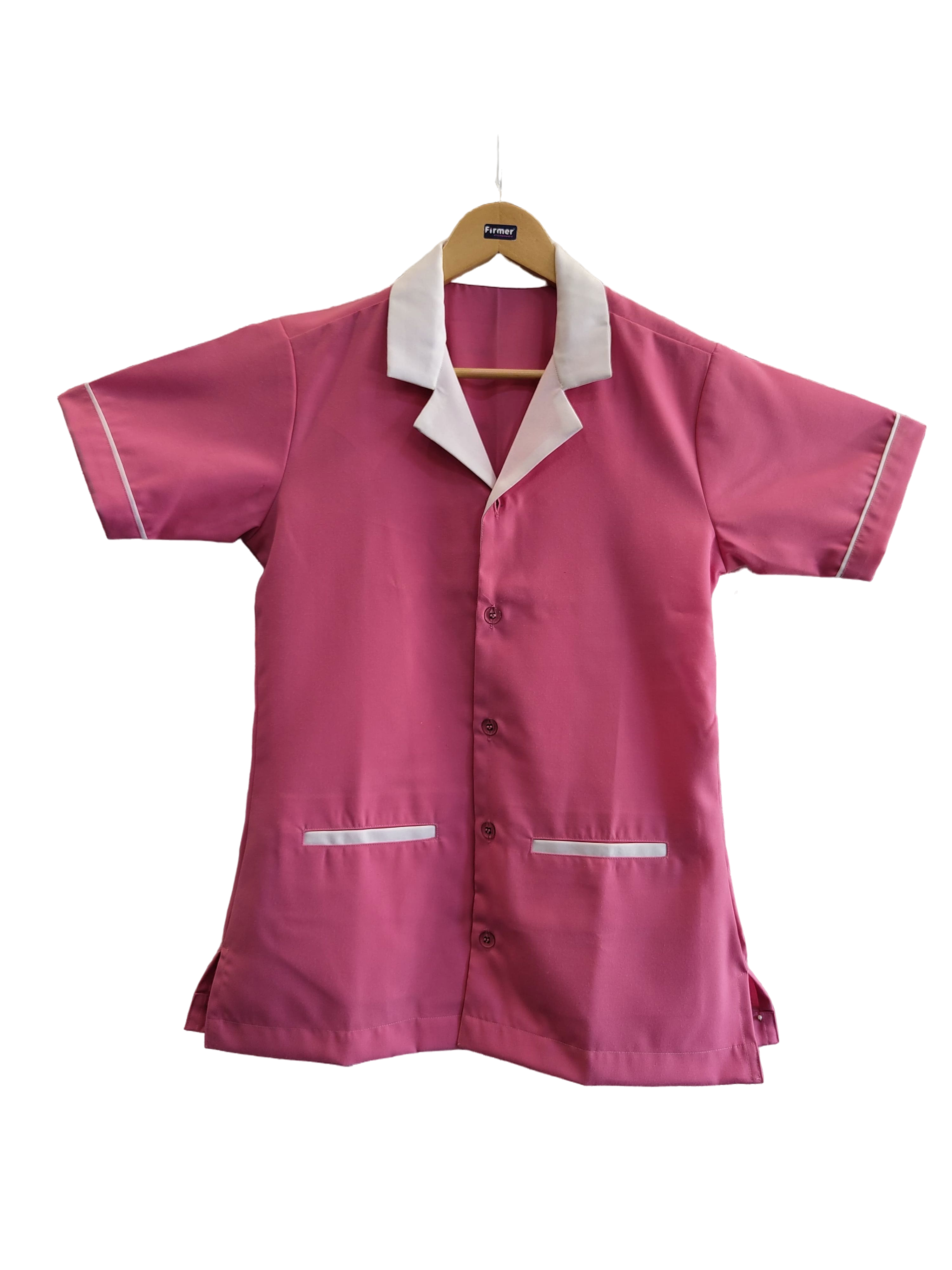 Photo 1 of 1 - Stylish Pink Uniform Top with White Trim - Short Sleeve Button-Down Shirt, Perfect for Work, Medical, or School - Available in Multiple Sizes for a Comfortable and Professional Look | GIYA