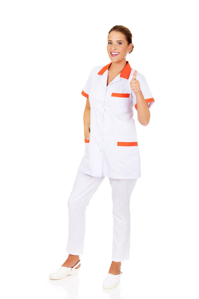 Photo 1 of 1 - Professional Women's Medical Nurse Coat: White Uniform with Orange Trim - Comfortable, Durable, and Stylish for Healthcare Professionals and Students (Top & Pants Included) | GIYA